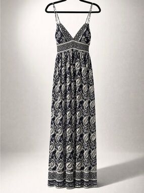 Spaghetti Strap Navy blue almost black and White Paisley Maxi Dress - Women